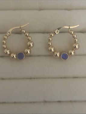 Gold Beaded Hoop Earrings with Blue Stone Accent